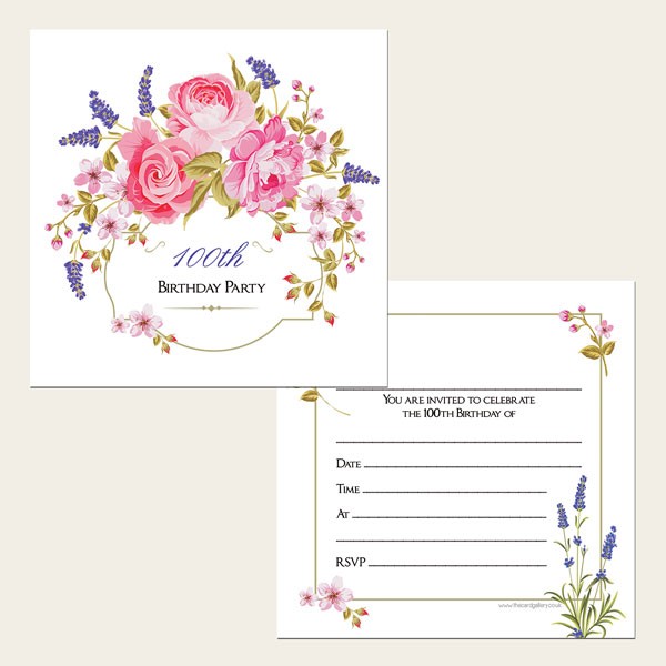 100th Birthday Invitations - Rose & Lavender Border - Pack of 10