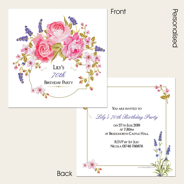 70th Birthday Invitations - Rose & Lavender Border - Pack of 10