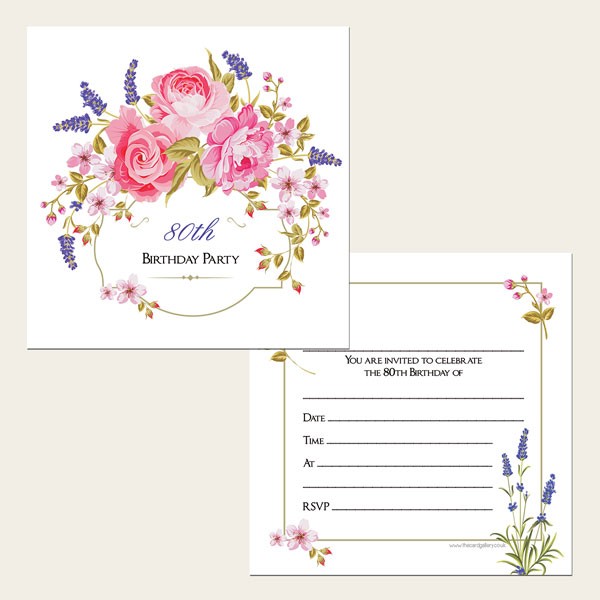 80th Birthday Invitations - Rose & Lavender Border - Pack of 10