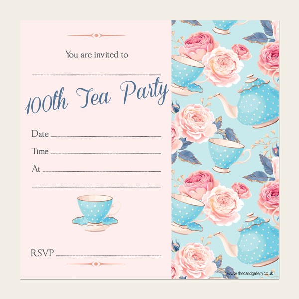 100th Birthday Invitations - Teapots & Roses - Pack of 10