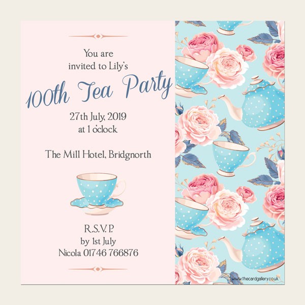 100th Birthday Invitations - Teapots & Roses - Pack of 10