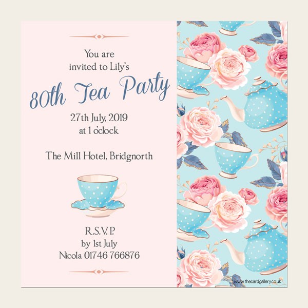 80th Birthday Invitations - Teapots & Roses - Pack of 10