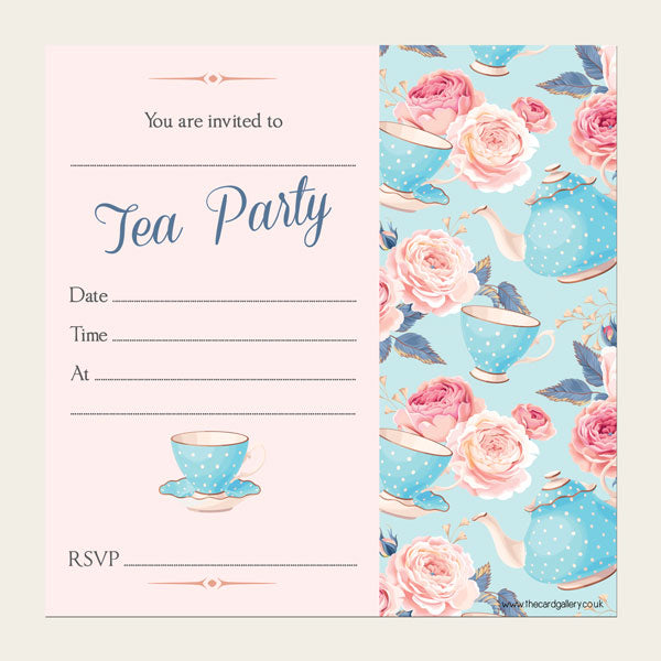 Tea Party Invitations - Teapots & Roses - Pack of 10