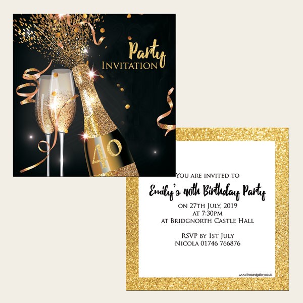 40th Party Invitations - Gold Sparkle Champagne - Pack of 10