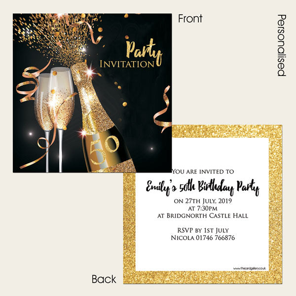 50th Party Invitations - Gold Sparkle Champagne - Pack of 10