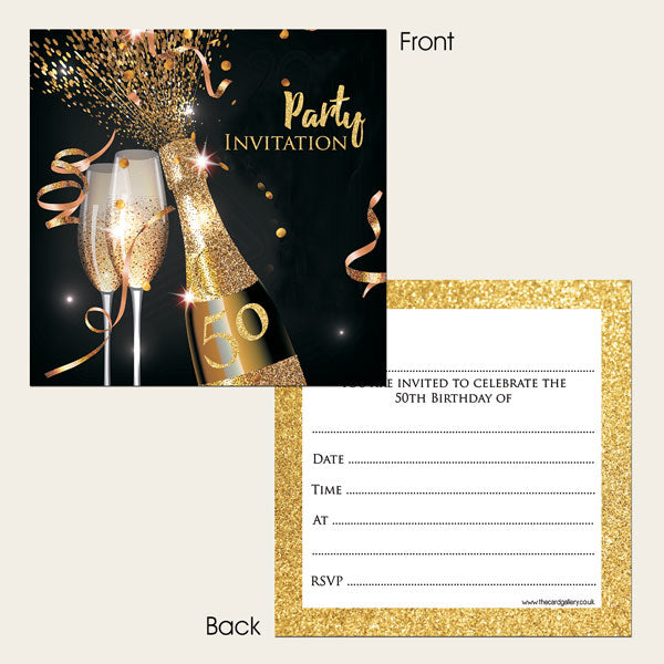 50th Party Invitations - Gold Sparkle Champagne - Pack of 10