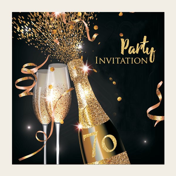 70th Party Invitations - Gold Sparkle Champagne - Pack of 10