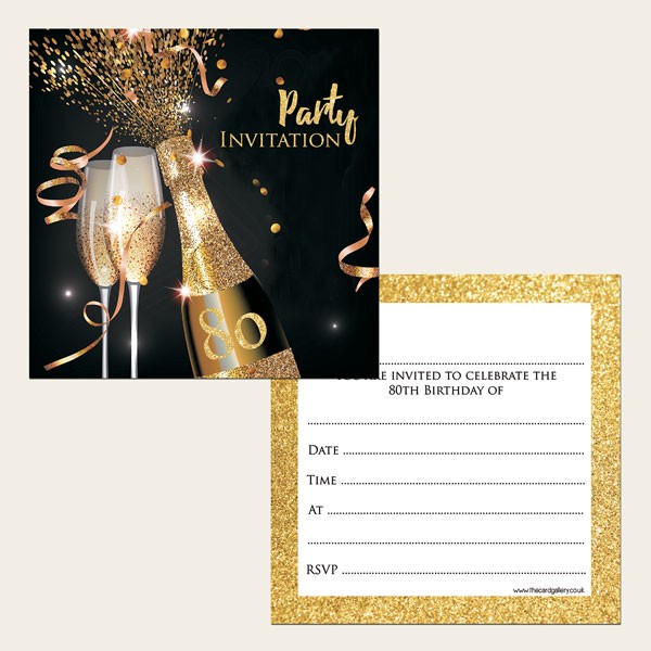 80th Party Invitations - Gold Sparkle Champagne - Pack of 10