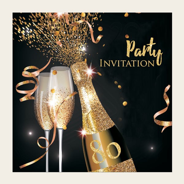80th Party Invitations - Gold Sparkle Champagne - Pack of 10