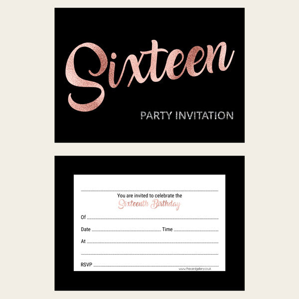 Ready To Write Invitations - Black and Rose Gold Sixteen - Pack of 10