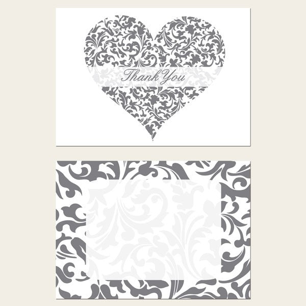 Ready to Write Thank You Cards - Silver & White Heart Pattern - Pack of 10