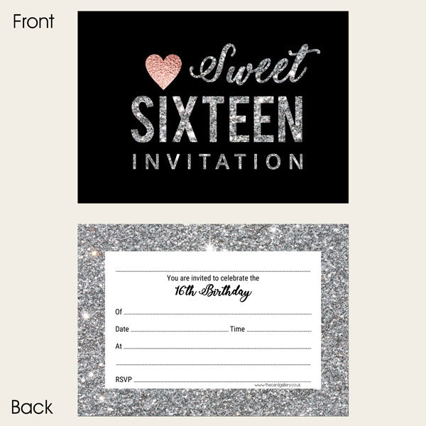 Ready To Write Invitations - Sweet 16 Silver Glitter Effect - Pack of 10