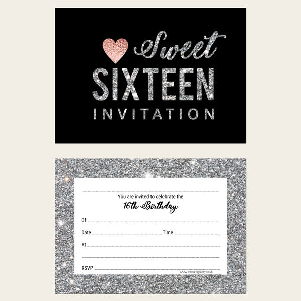 Ready To Write Invitations - Sweet 16 Silver Glitter Effect - Pack of 10