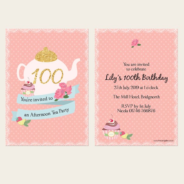 100th Birthday Invitations - Teapot and Cupcake - Pack of 10