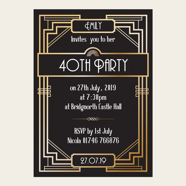 40th Birthday Invitations - Great Gatsby - Pack of 10