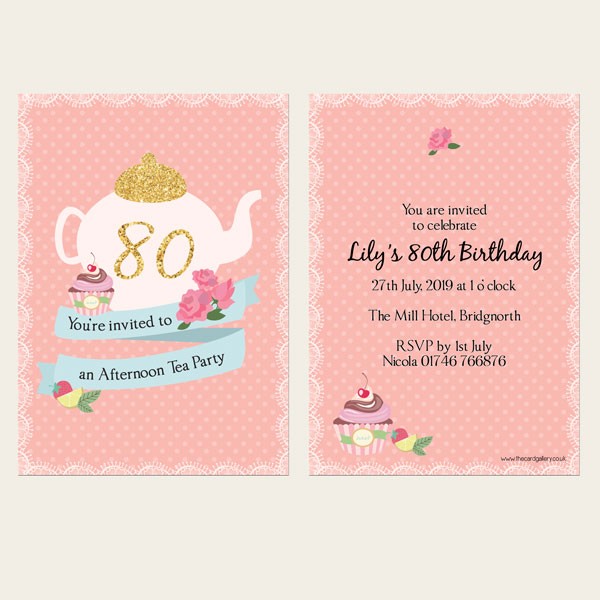 80th Birthday Invitations - Teapot and Cupcake - Pack of 10