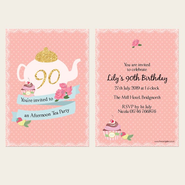 90th Birthday Invitations - Teapot and Cupcake - Pack of 10