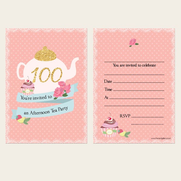 100th Birthday Invitations - Teapot and Cupcake - Pack of 10