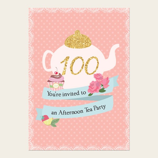 100th Birthday Invitations - Teapot and Cupcake - Pack of 10