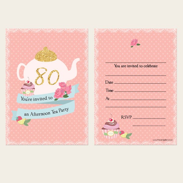 80th Birthday Invitations - Teapot and Cupcake - Pack of 10