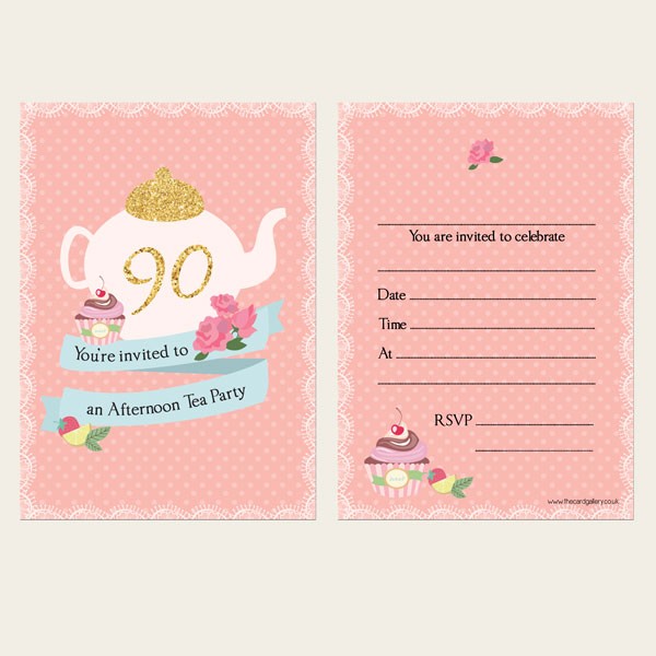 90th Birthday Invitations - Teapot and Cupcake - Pack of 10