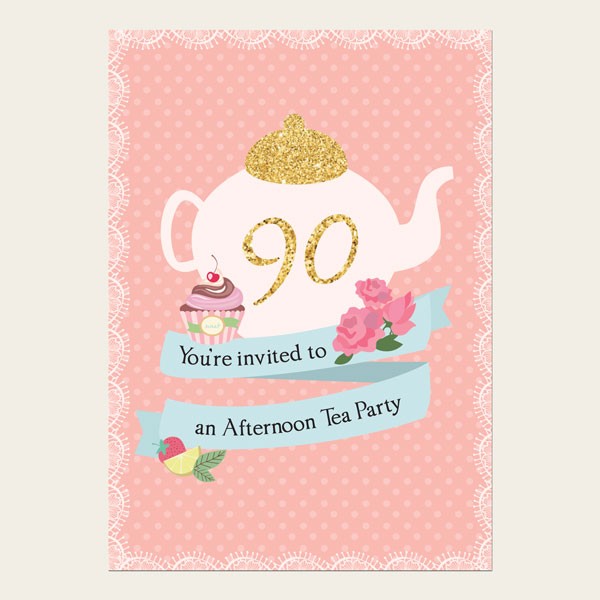 90th Birthday Invitations - Teapot and Cupcake - Pack of 10