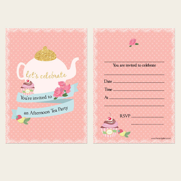 Tea Party Invitations - Teapot and Cupcake - Pack of 10