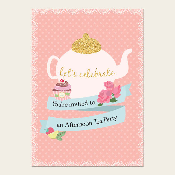 Tea Party Invitations - Teapot and Cupcake - Pack of 10