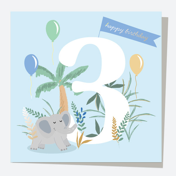 Luxury Foil Kids Birthday Card - Animal World - Elephant - 3rd Birthday