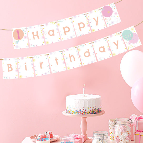 Girls Party Balloons Age 1 - Kids Happy Birthday Bunting