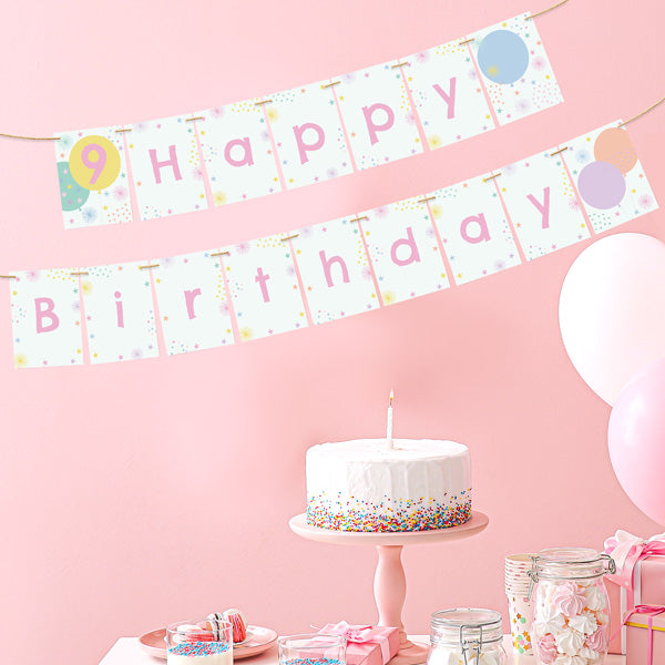 Girls Party Balloons Age 9 - Kids Happy Birthday Bunting