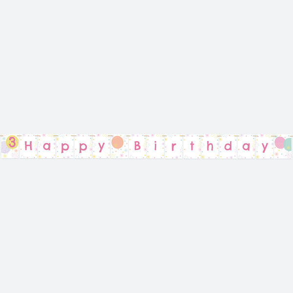 Girls Party Balloons Age 3 - Kids Happy Birthday Bunting