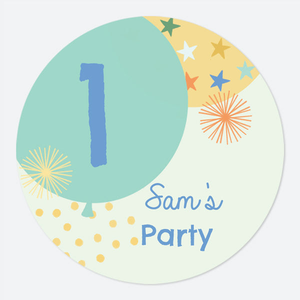 Boys Party Balloons Age 1 - Large Round Personalised Party Stickers - Pack of 12