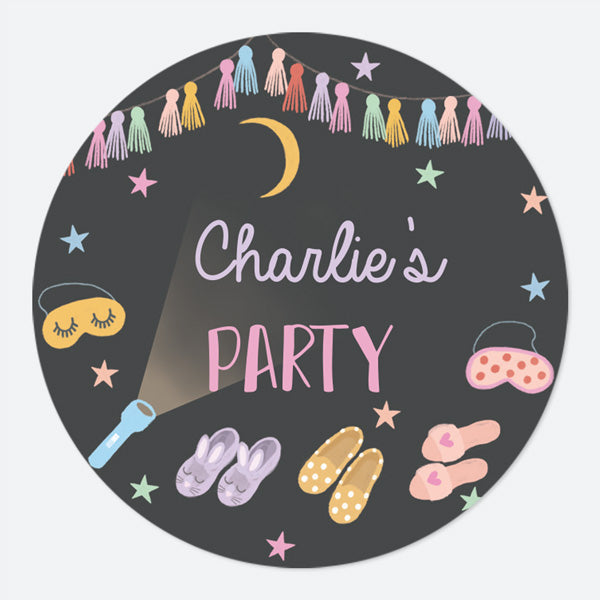 Girls Sleepover - Large Round Personalised Party Stickers - Pack of 12