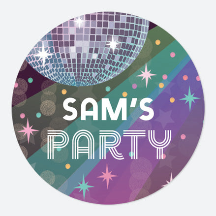 Glitter Ball Disco Party - Large Round Personalised Party Stickers - Pack of 12
