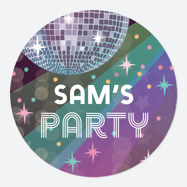 category header image Glitter Ball Disco Party - Large Round Personalised Party Stickers - Pack of 12