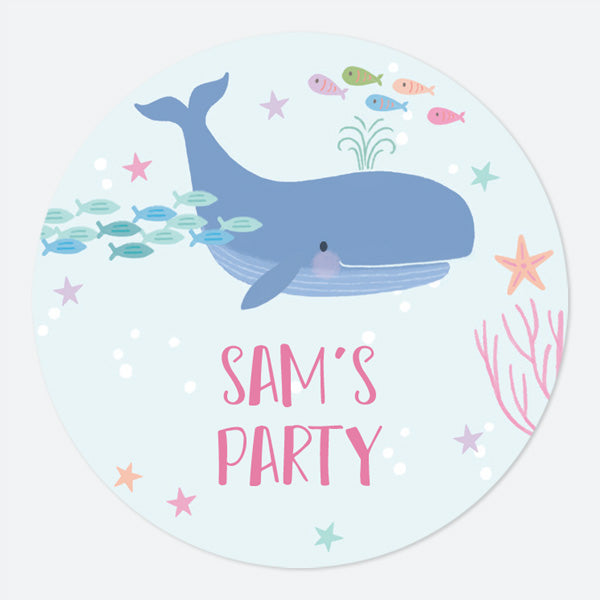 Mermaid Under The Sea - Large Round Personalised Party Stickers - Pack of 12