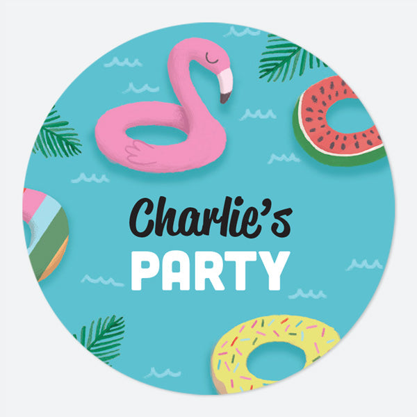 Pool Party Inflatables - Large Round Personalised Party Stickers - Pack of 12