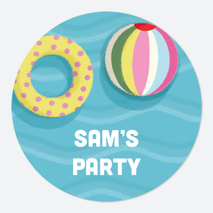 Pool Party Waves - Large Round Personalised Party Stickers - Pack of 12