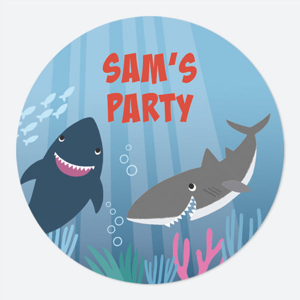 Shark - Large Round Personalised Party Stickers - Pack of 12