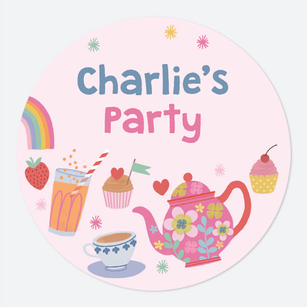 Tea Party - Large Round Personalised Party Stickers - Pack of 12