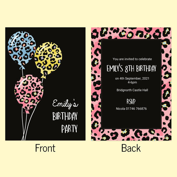 Kids Birthday Invitations - Leopard Print Balloons - Pack of 10