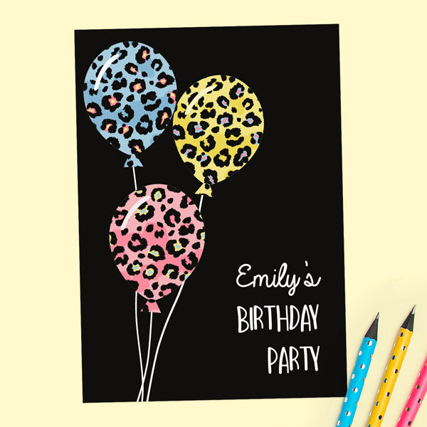 Kids Birthday Invitations - Leopard Print Balloons - Pack of 10