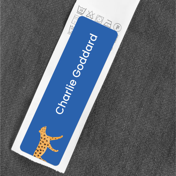 Medium Personalised Stick On Waterproof (Clothing/Equipment) Name Labels - Go Wild Leopard - Pack of 36