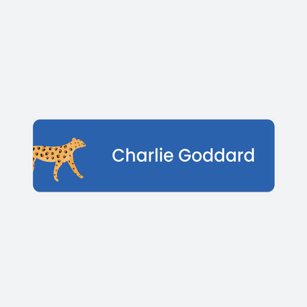 Medium Personalised Stick On Waterproof (Clothing/Equipment) Name Labels - Go Wild Leopard - Pack of 36