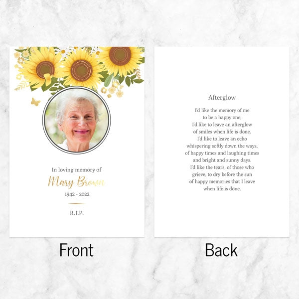 Foil Funeral Memorial Cards - Sunflowers