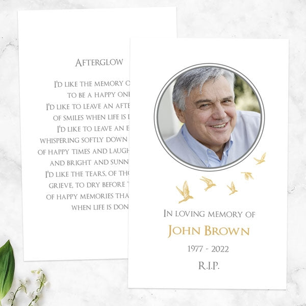 Foil Funeral Memorial Cards - Gold Flying Birds Photo