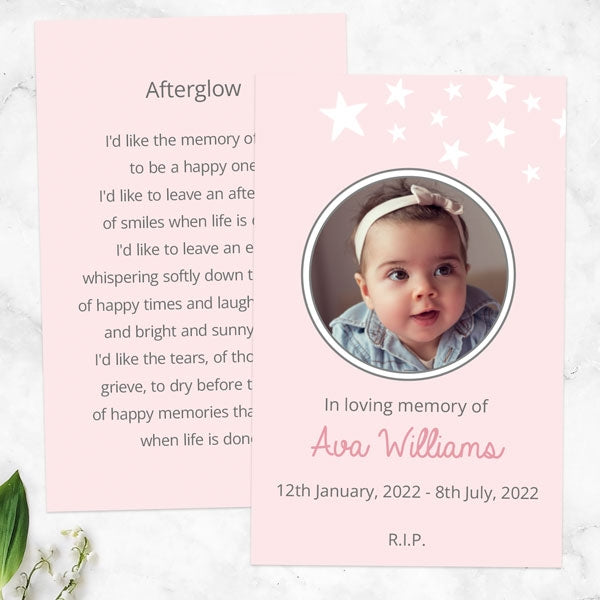 Funeral Memorial Cards - Shooting Star Pink