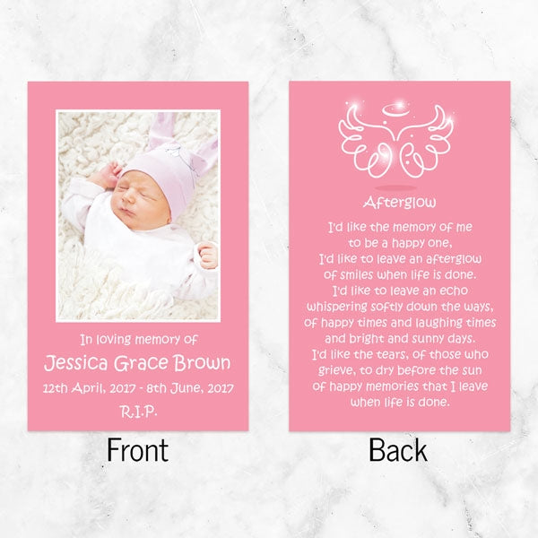 Funeral Memorial Cards - Bright Pink Angel Wings & Halo