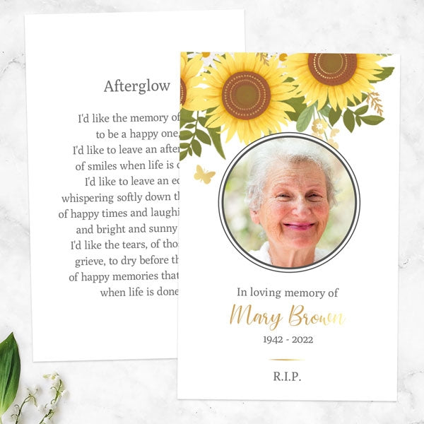 Foil Funeral Memorial Cards - Sunflowers